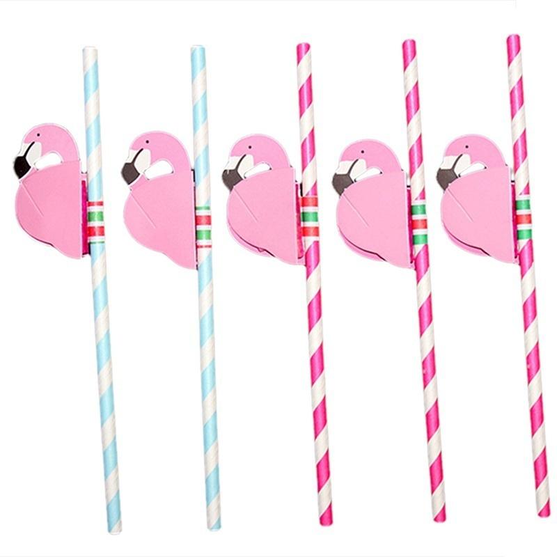 5Pcs Pink Flamingo Paper Straws Luau Tropical Beach Party Barware Favor