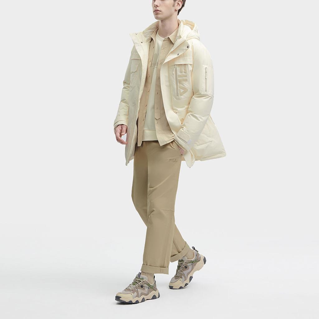 FILA Logo Printed Hooded Casual Mid-Length Down Jacket Men Outerwear Soft-White F11M349904F-IV