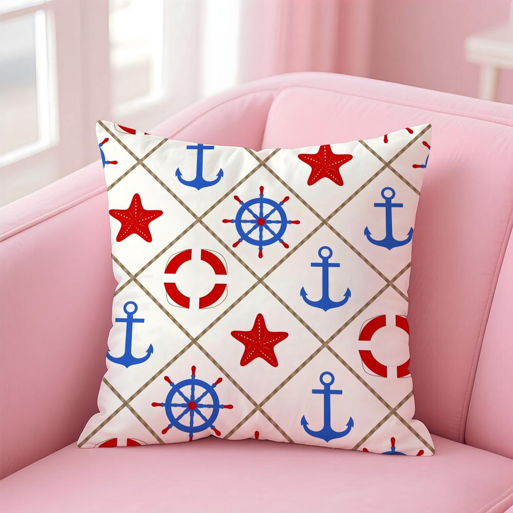 Casual Blue Maritimethemed Pattern Cushion Cover Pillowcase Short Plush Invisible Zipper Room Sofa Cushion Cover