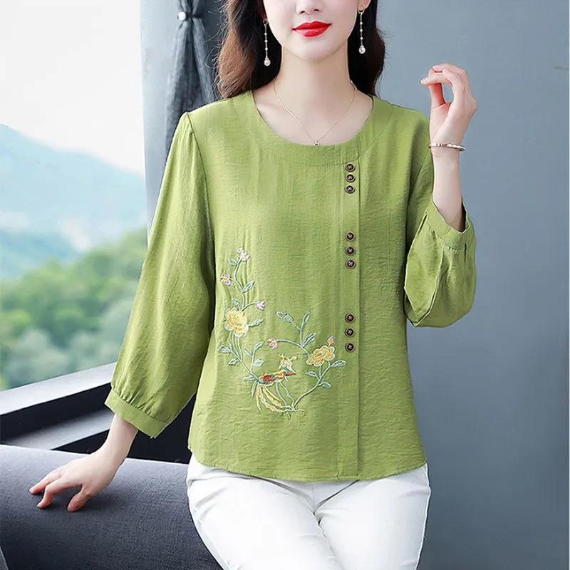 Women's Spring Seven-quarter Sleeve Plus Size Cotton Linen Shirt Middle-aged Retro Embroidery Design Comfortable Tops