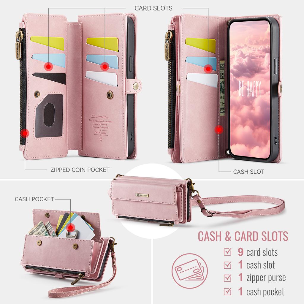 For iPhone 15 Case CASEME C39 RFID Blocking Zipper Wallet Stand Leather Cover with Strap