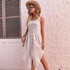 Ladies Summer Halter Neck Solid Color Sleeveless Sling Split Irregular Cotton Linen Chic Button Apricot Dress S-XL