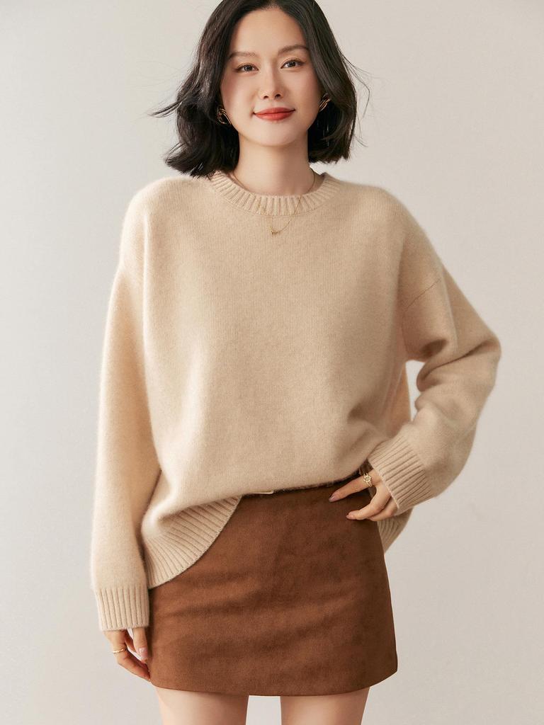Cashmere 2025 Women's Solid Color Round Neck Thick Knit Pullover Sweater