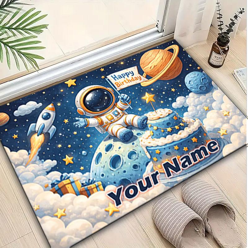 1PC Custom Name Space Astronaut Birthday Theme Floor Mat Ideal for Living Room, Game Rooms, Office, Bedroom,Floor Mat Playful Design