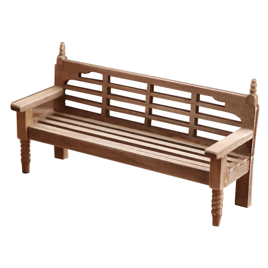 1/12 Doll House Vintage Style Wooden Patio Bench & Cushion Furniture Set for Living Room Life Scene