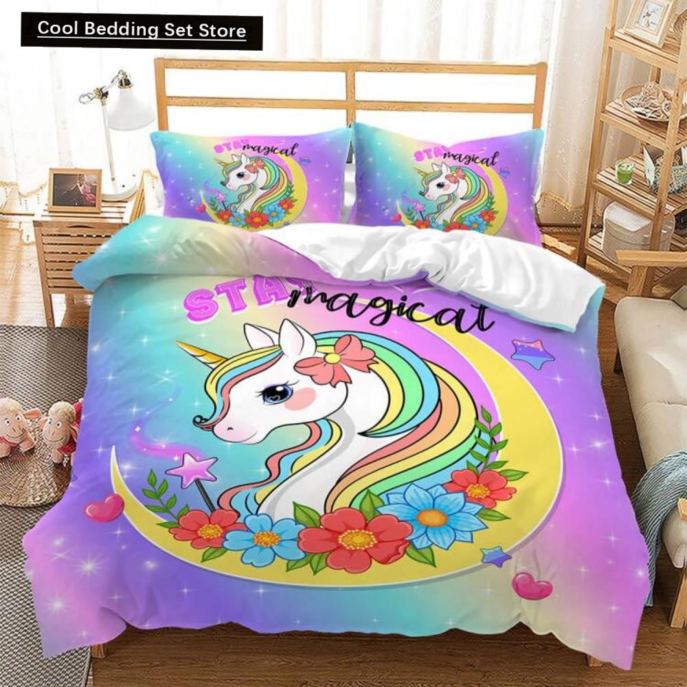 Sada ložního prádla s duhovým jednorožcem Kawaii Kreslené zvířecí ložní prádlo pro děti Dívky 2/3ks Velikost Twin Single Double Queen Sady povlaků na přikrývku