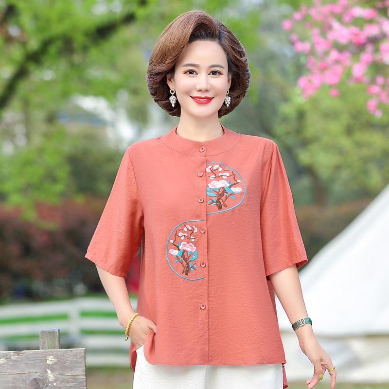 Mom's Summer Outfit T Shirt Lady's Set Two Piece Set Middle Aged Elderly Women's Summer Cotton Linen Short Sleeved