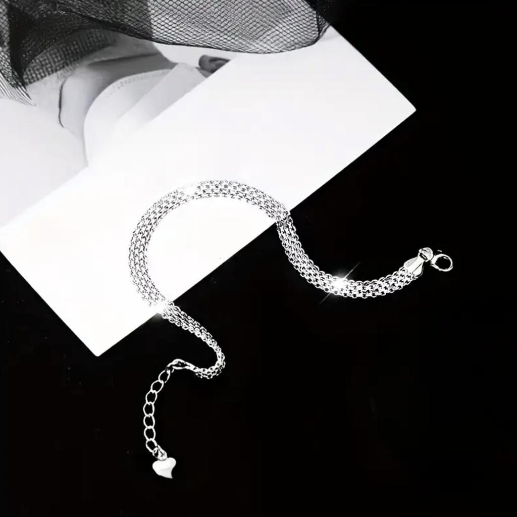 Silver Plated Embossed Grid Flat Watch Chain Bracelet Women's Fashion Accessories