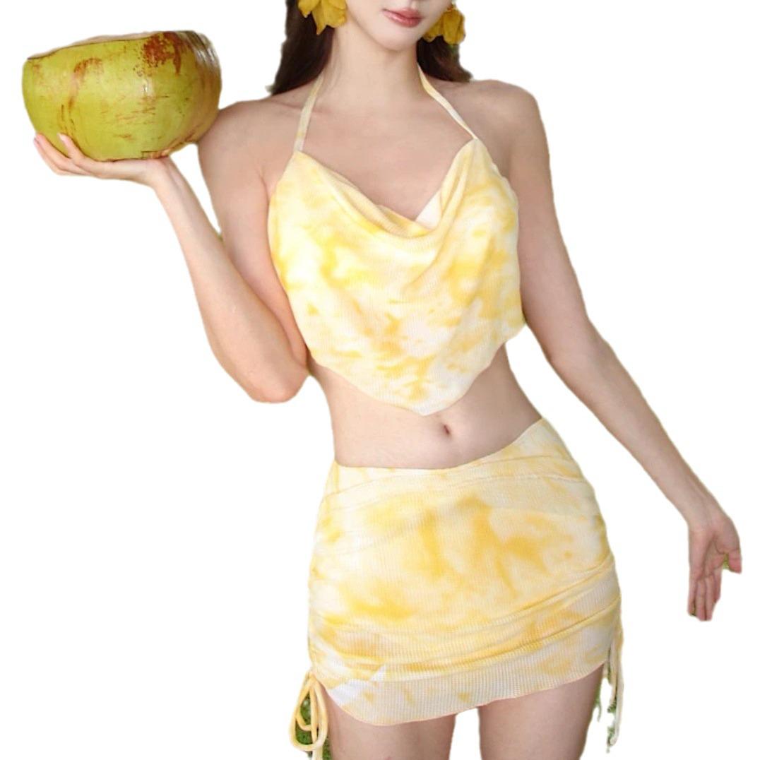 

2024 Summer Women s Sexy Three-Piece Bikini Swimsuit with Cover-up S жёлтый