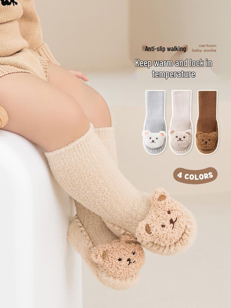 Mink Velvet Thick Baby Floor Shoes & Socks - Warm Cartoon Leather-Soled Infant Booties