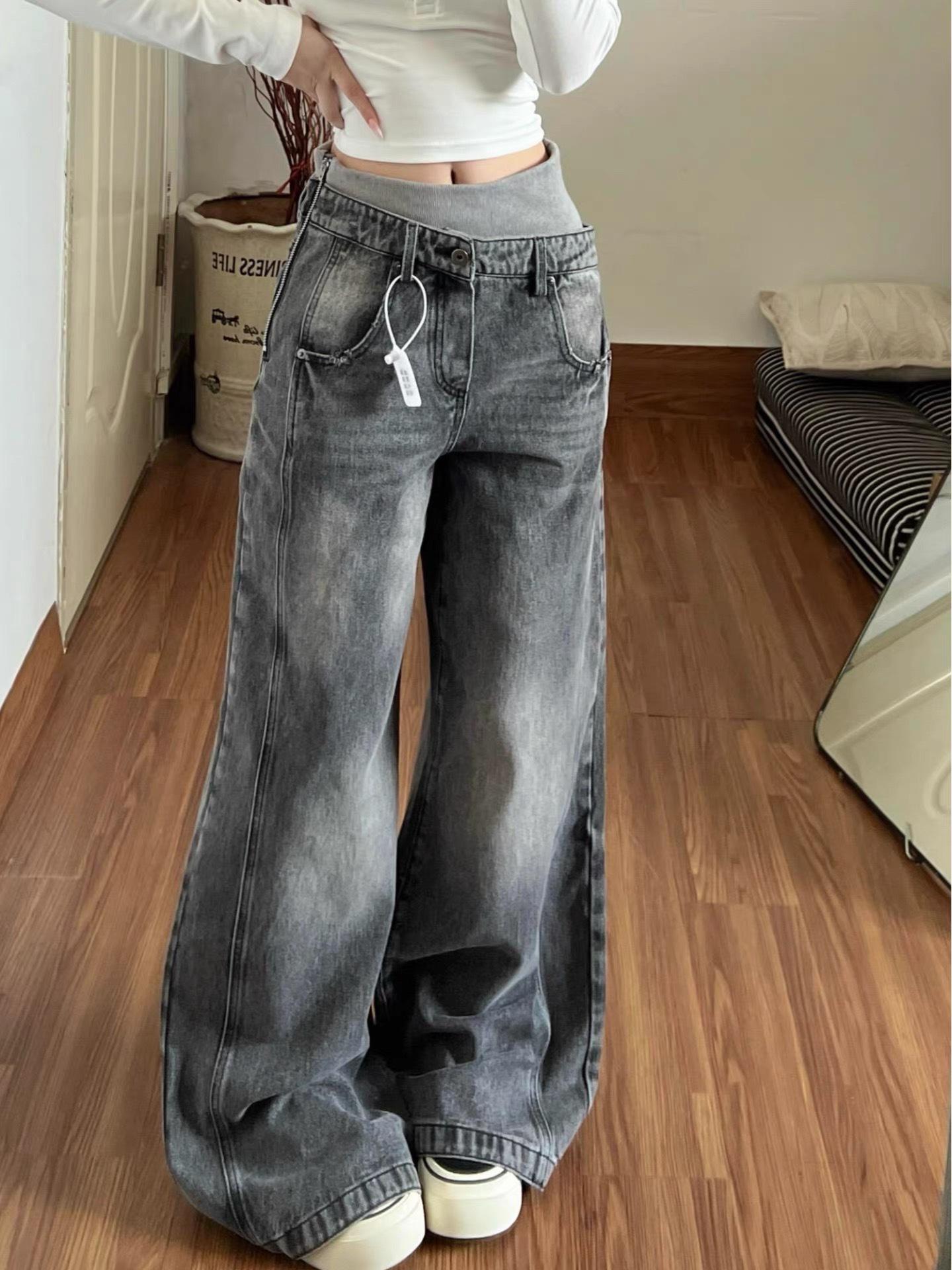Women s Retro Double-Waistband Wide-Leg Washed Jeans - Spring 2026 Loose Straight-Leg Trousers Large