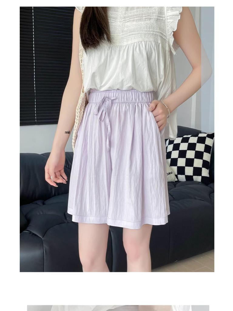 Women's High-Waist Blue Ice Silk Wide-Leg Shorts - Summer 2025 Mid-Length Casual Sportswear