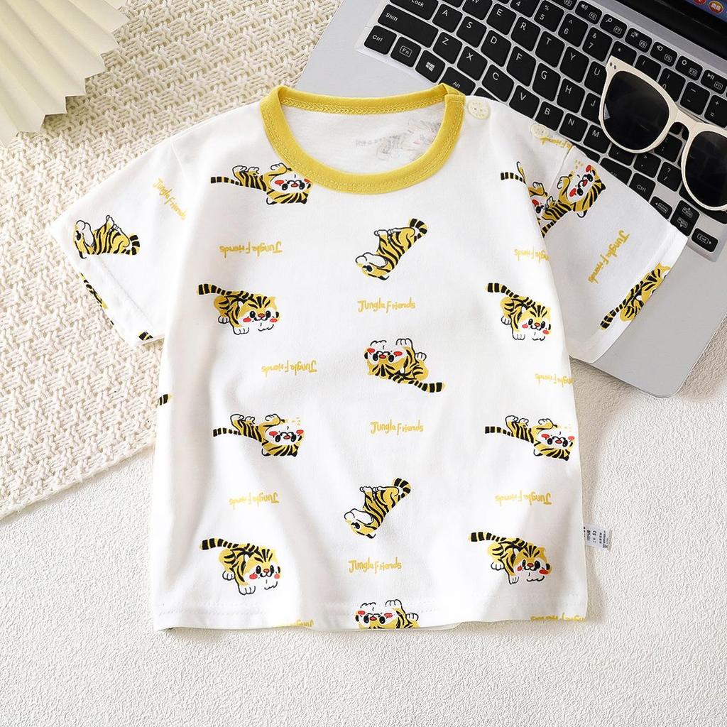 Letní trička s krátkým rukávem 2026 pro chlapce a dívky Miminko Jaro Kulatý výstřih Kreslený bavlněný top pro děti