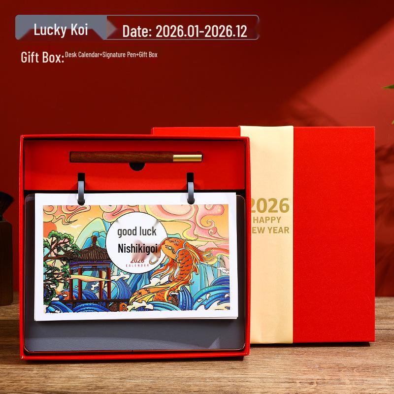 2026 Year of the Horse Leather Desk Calendar with Pen Holder, Custom Logo, Monthly Overview, Multifunctional Office Ornament.