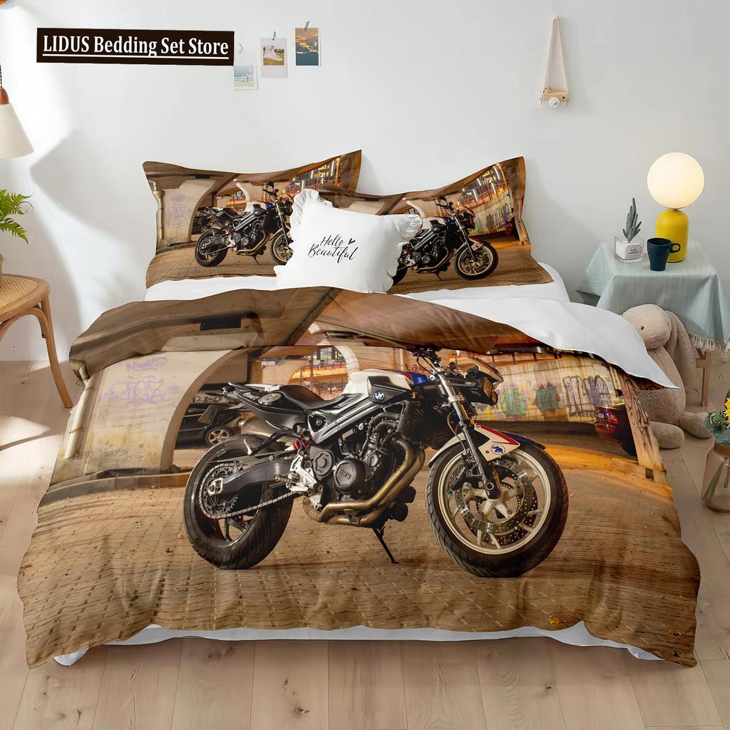 Dirt Bike Duvet Cover Set 3D Racing Motocross Bedding Set For Teen Motorcycle Rider Extreme Sports Polyester Comforter Cover