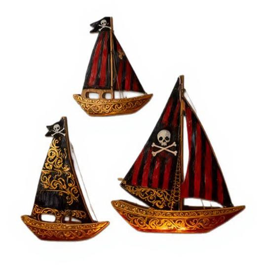 3 Pcs Rustic Art Ocean Pirate Ship Nautical Sailboat Wall Coastal Wooden Hanging