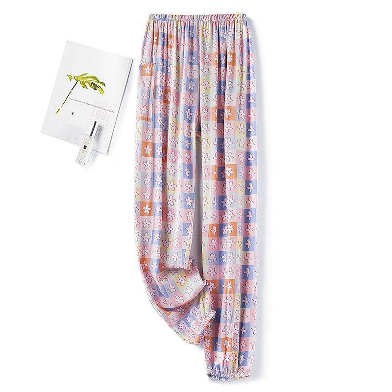 Pantaloni de pijama din bumbac mătase pentru femei, secțiune subțire de vară, anti-țânțari, pantaloni cu picior lat, culoare uni, pentru exterior, casă, petrecere a timpului liber, imprimeu, pantaloni de plajă până la genunchi