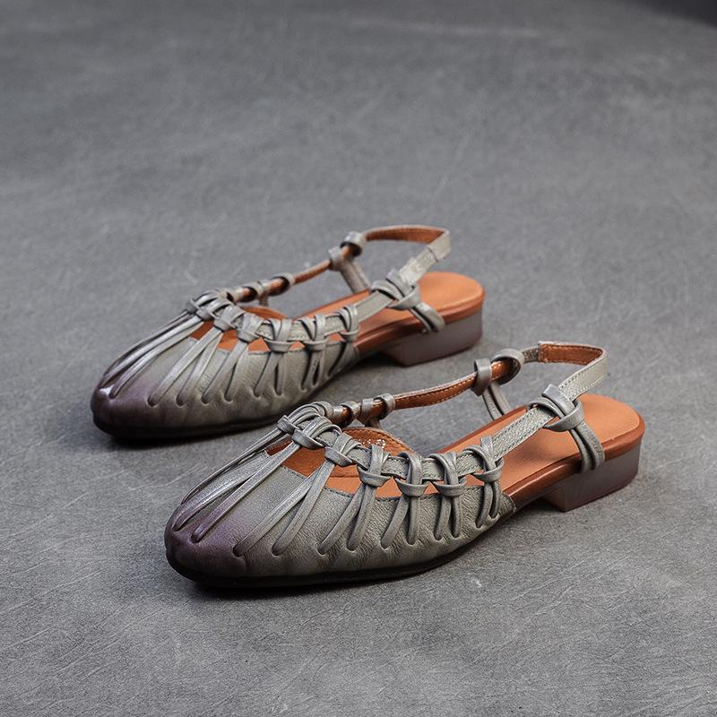 Johnature Gewebte, ausgehöhlte römische Sandalen mit niedrigem Absatz, echtes Leder, weiche Sohle, lässige, vielseitige Damenschuhe