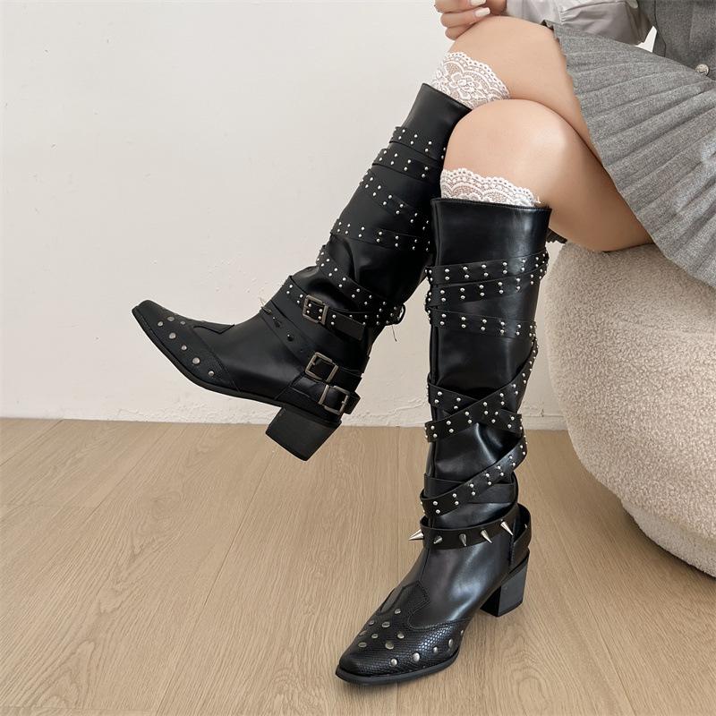 Black retro thick heel pointed boots women's 2025 new autumn punk style thin but knee trousers boots
