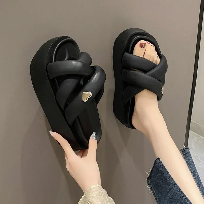 Summer 2023 Chunky Sandals Women's Thick Bottom Wedge Heels Slides 8CM High Heels Platform Leather Casual Beach Flip Flops Woman