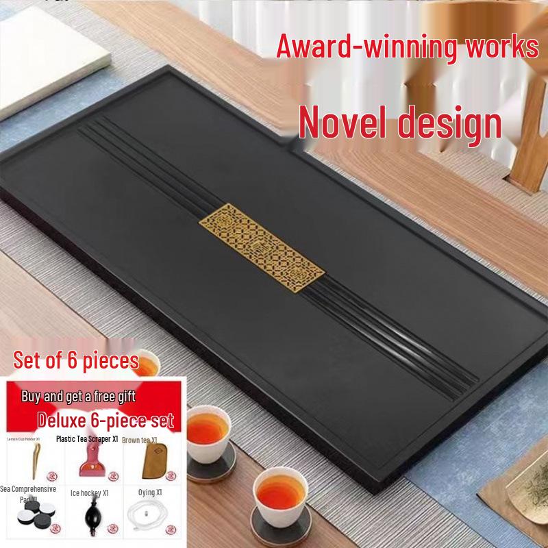 Black Gold Slate Tea Tray with Drainage - Simple Embedded Design