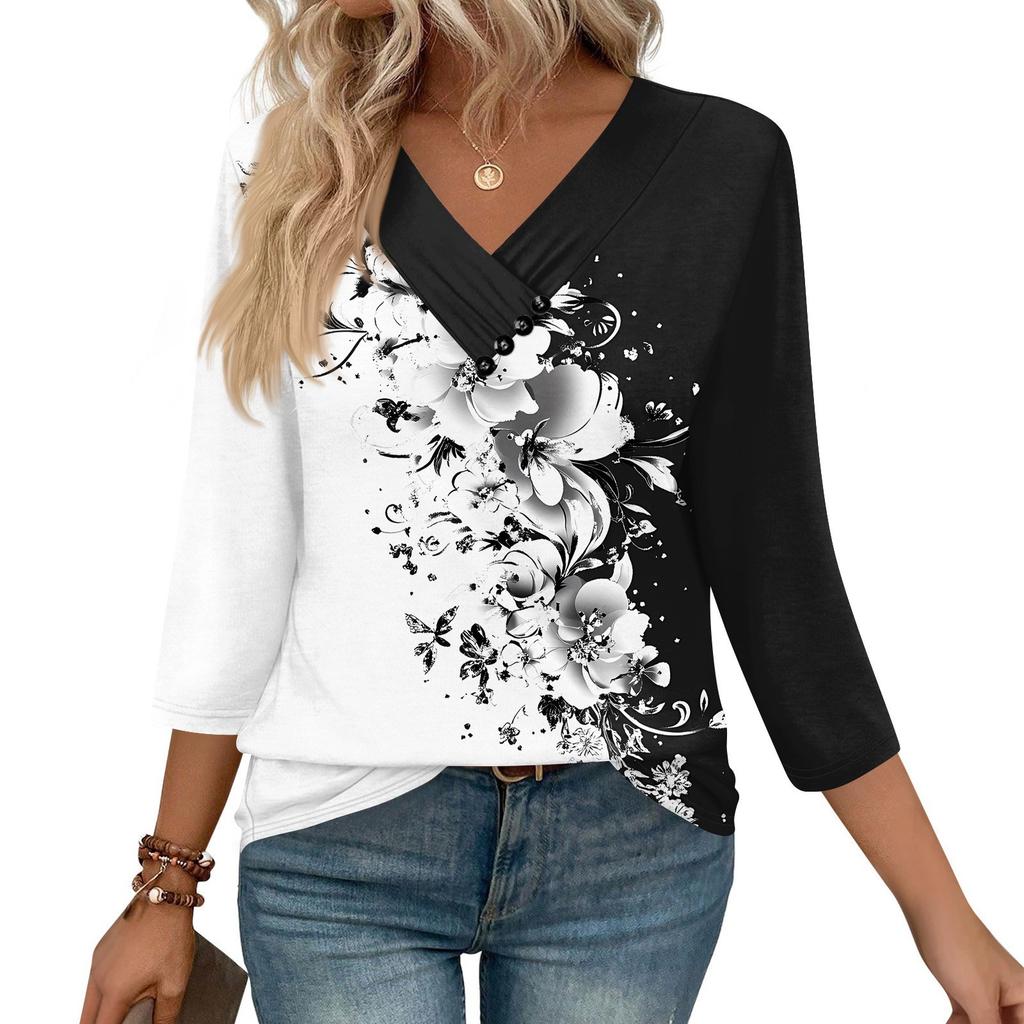 Women's Print Top Button-down V-neck T-shirt 3/4 Sleeve Loose Fashion Top