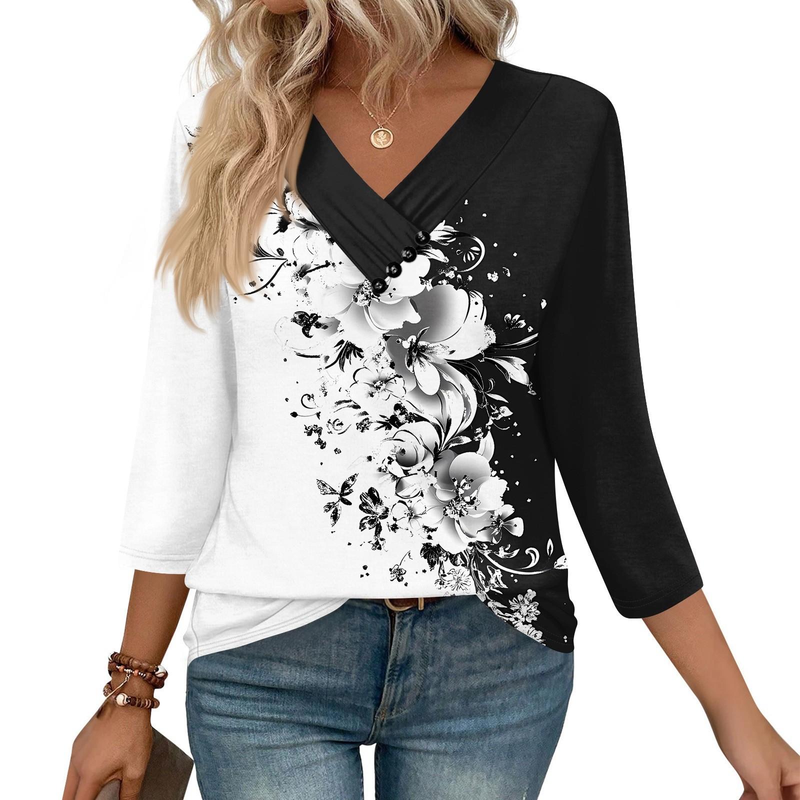 

Women s Print Top Button-down V-neck T-shirt 3/4 Sleeve Loose Fashion Top XL білий