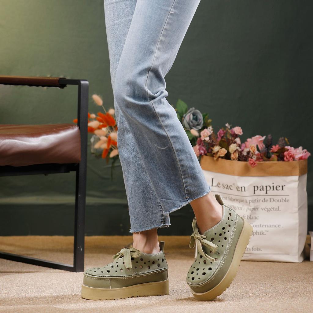 Johnature Thick Soled Hollow Hole Shoes Genuine Leather Lace Up Comfortable Women's Platform Sandals