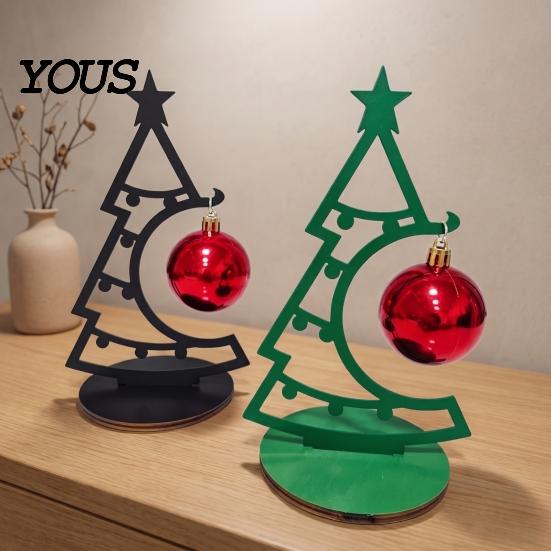 Small Holiday Decor for Office Christmas Tree Table Decoration, Metal Line Art Sculpture with Hollow Ornaments Red Ball Ornament Xmas Party