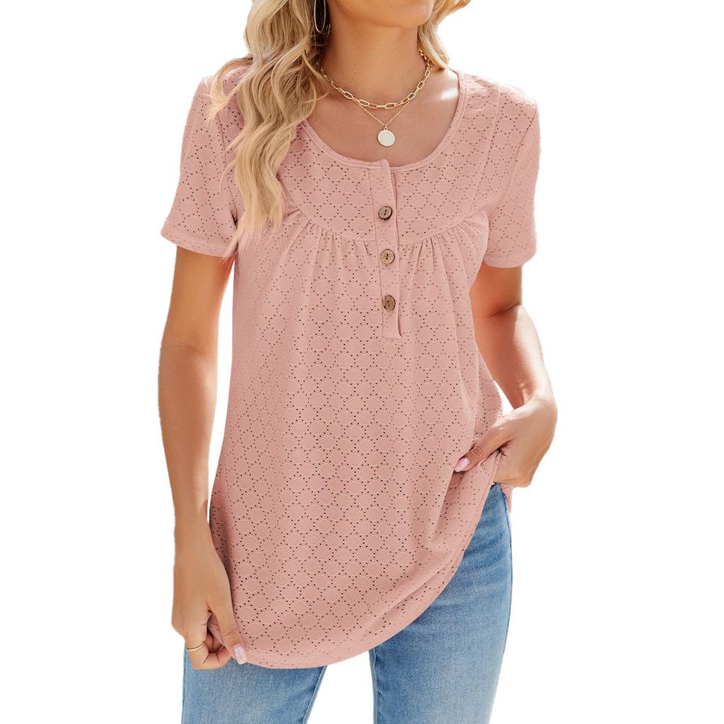 Summer New Solid Color Crew Neck Buttoned Loose Short Sleeve T-Shirt for European and American Cross-border Trade Amazon Independent Station