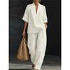 Women's Linen Two-Piece Set V-Neck Short Sleeve Blouse & Wide Leg Pants Casual Summer Outfit
