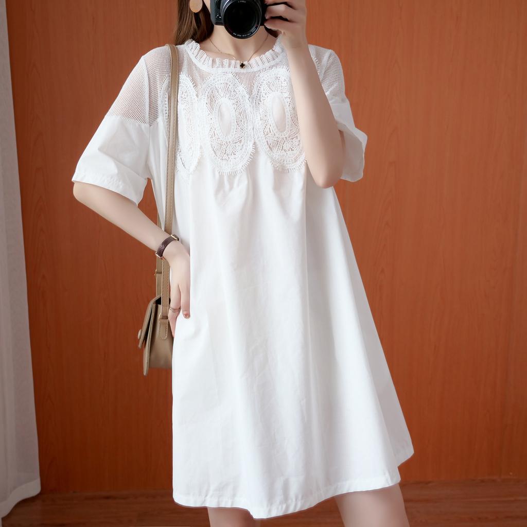 Western Style Plus Size Women's Summer Dress Fat Sister Lace Mesh Stitching Short Sleeves