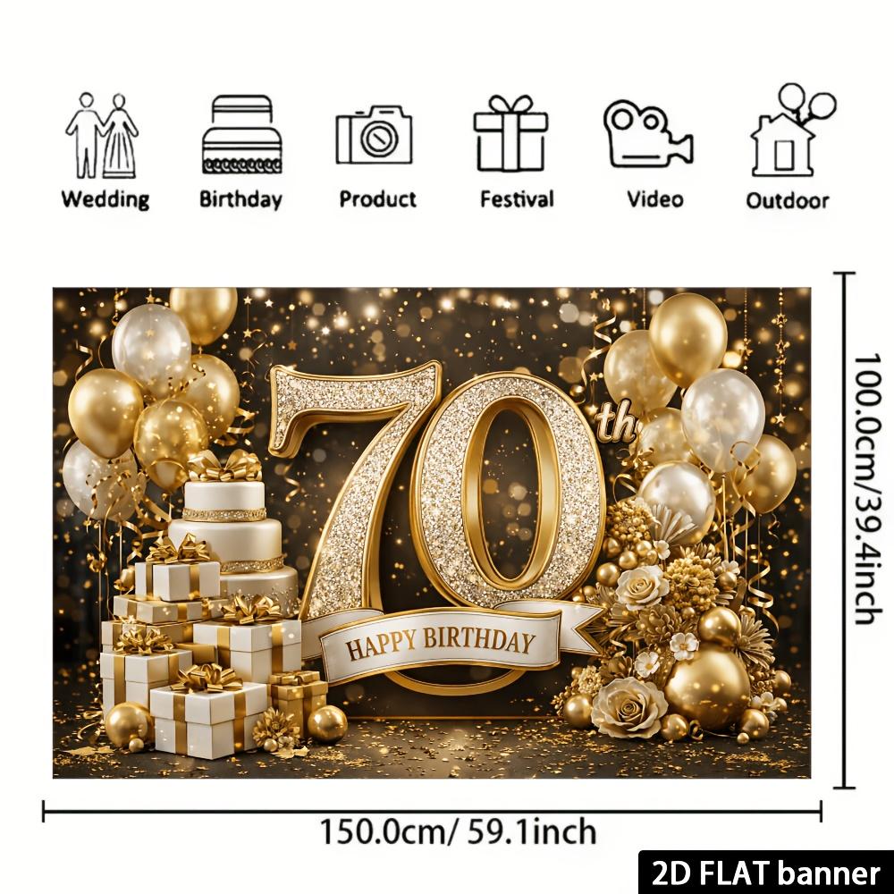 2D Flat 70th Birthday Party Banner Backdrop Black Gold Theme With Gold70 Balloons Birthday Cake Gift Box Decor Elements Made with Durable