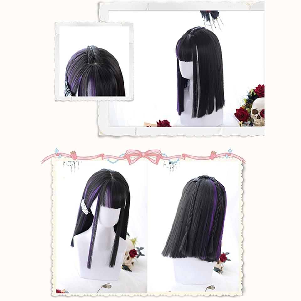 Long Ombre Colorful Synthetic Cosplay Lolita Harajuku Wig With Bangs Natural Wavy Wigs Black Highlights Purple Daily Wig