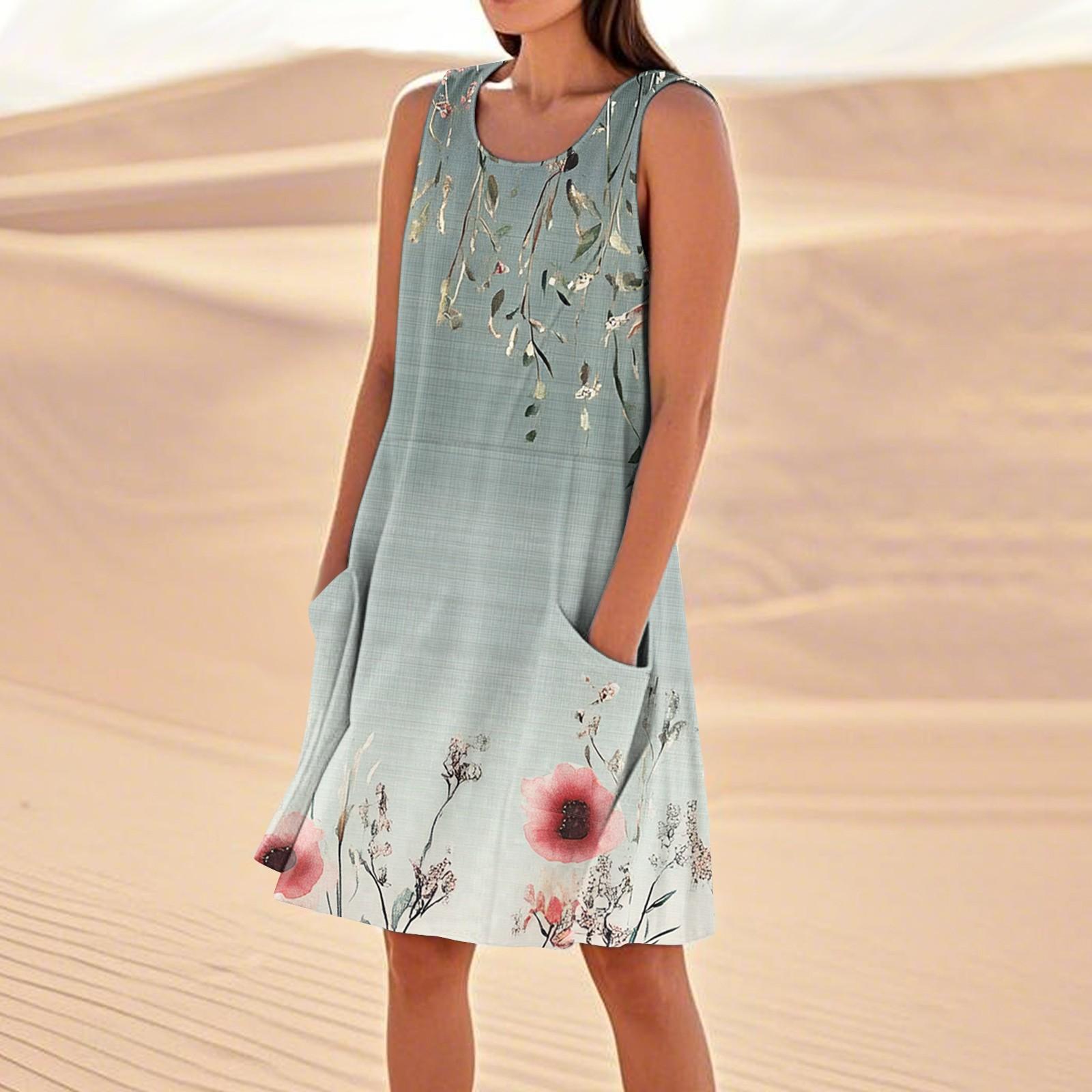 

Платья с принтом для женщин, свободные, пляжные, повседневные, без рукавов, сарафаны с карманами, платье-майка S