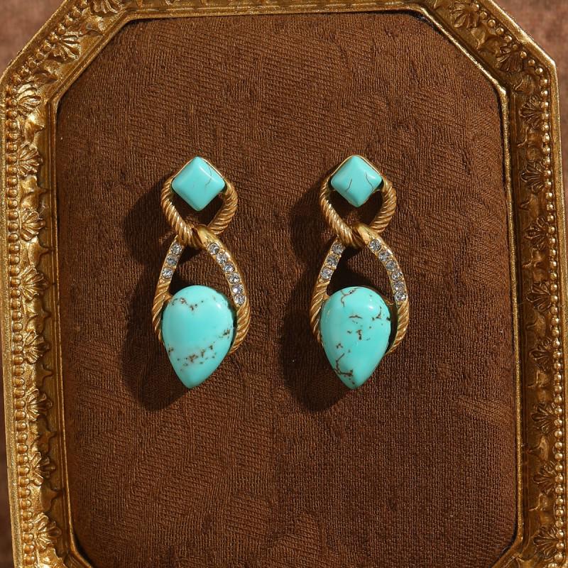 Yongnuo Vintage Turquoise Water Drop Necklace with Aged Gold Inlaid Diamonds and Twisted Chain