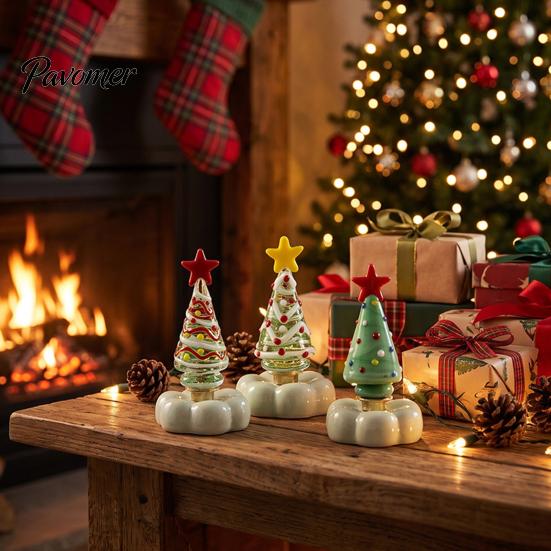 Crystal Holiday Decor Handmade Glass Christmas Tree Ornament with Star Top And Colorful Bead Details, Decorative Tabletop Trees Desktop Rotating