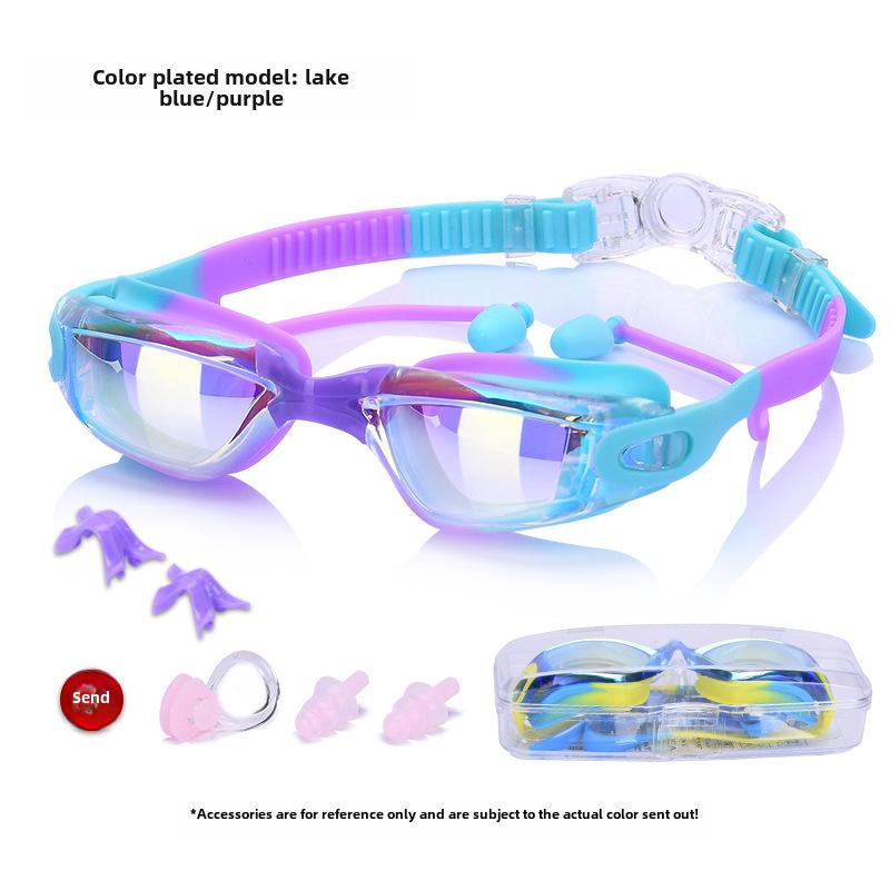 

2025 Силиконовые детские водонепроницаемые противотуманные очки для плавания с гальваническим покрытием линз высокой четкости