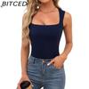 BITCED Women's Summer Square Neck Sleeveless Double-Layer Tank Top Basic Fitted T-Shirt