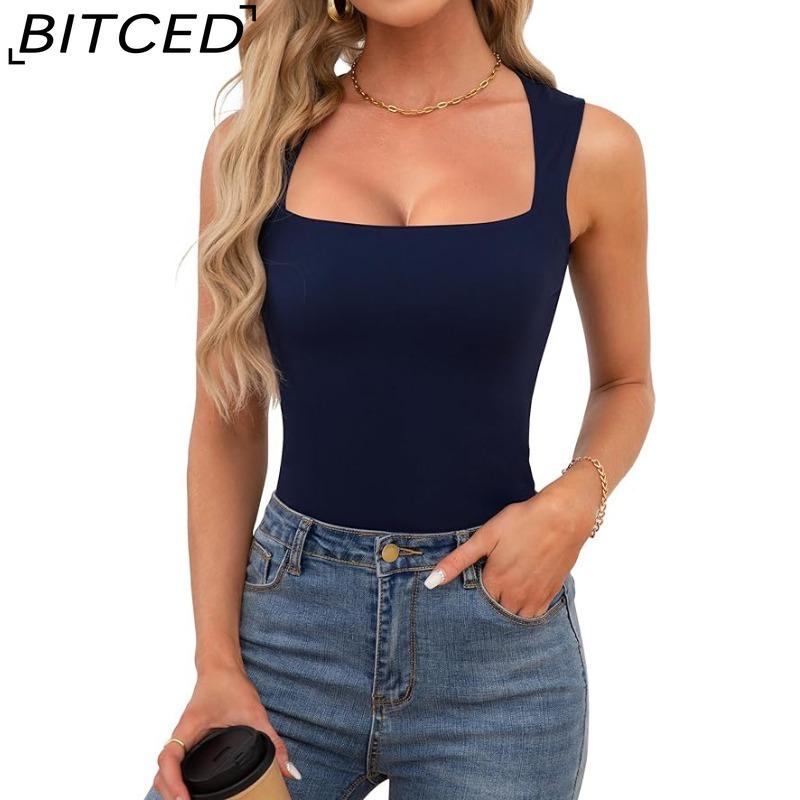 BITCED Women's Summer Square Neck Sleeveless Double-Layer Tank Top Basic Fitted T-Shirt