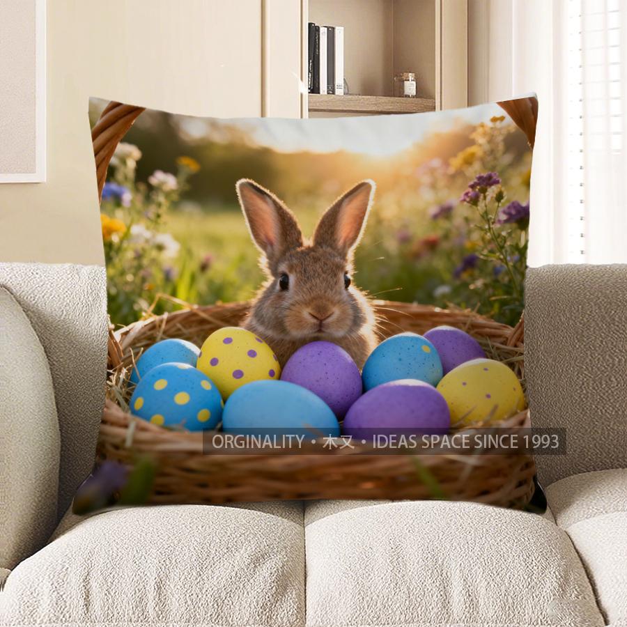 

2D Rabbit With Easter Eggs And Flowers Pillow Cover Pattern Cushion Cover Suitable For Sofa Bedroom Car Pillow Cover 40x40cm