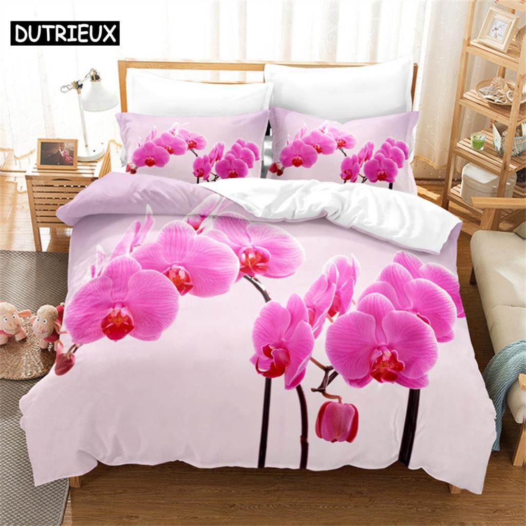 Pink Phalaenopsis Queen Bedding Set Girls Duvet Cover Bedroom Bed Set Comforter Cover Set King Size Duvet Cover Set Bedding Sets