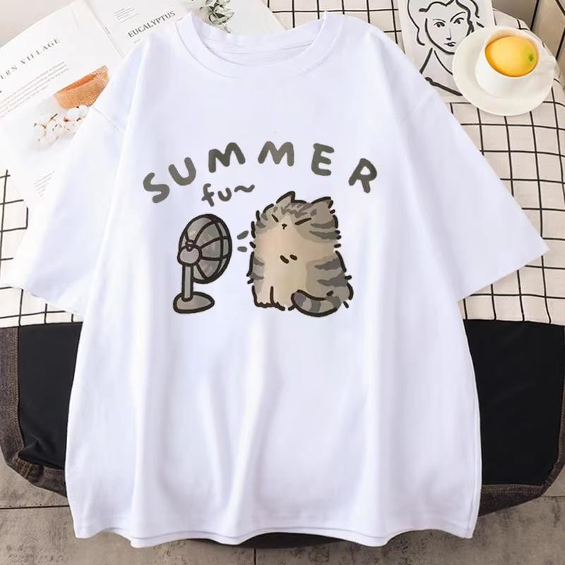 2026 Summer Hot Sale Korean Version Retro Minimalist Cat Printed Summer Tshirt Casual Loose Couple Thin Short Sleeve Unisex Unisex