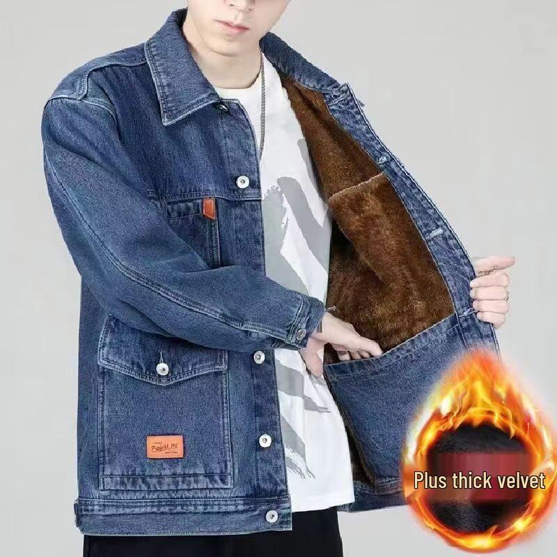 Men's Windproof Thick Velvet Denim Jacket - Winter Wear-Resistant and Loose Fit