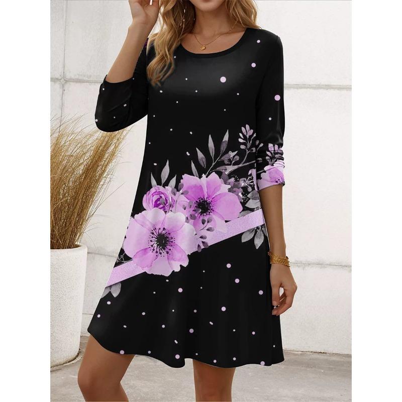 Street Long Sleeve Floral Pattern Women Mini Dresses All Season 3D Flower Printed Elegant Ladies Dress