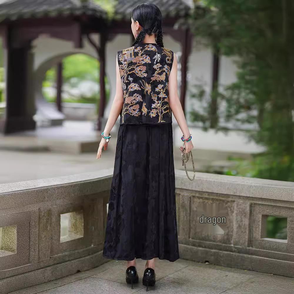 Spring/Summer 2025 Women's Retro Ethnic Embroidered Floral Elastic Waist Long Midi Skirt