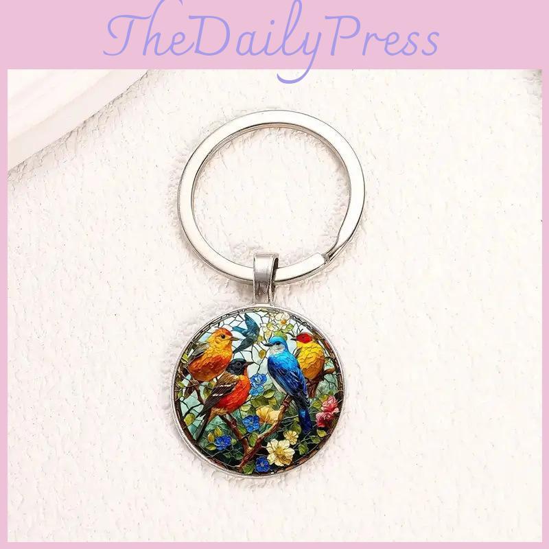 Watercolor Bird Group Glass Keyring With Alloy Material For Gift And Everyday Use