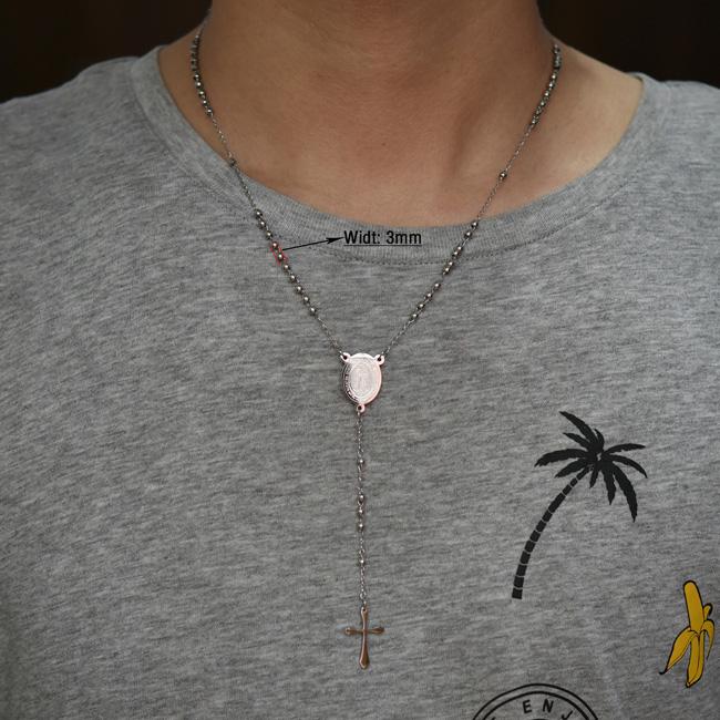 Edelstahl Rosenkranz Halskette für Männer Frauen Religiös Kugelkette Christliches Münz Kreuz Anhänger Jesus Schmuck Zubehör