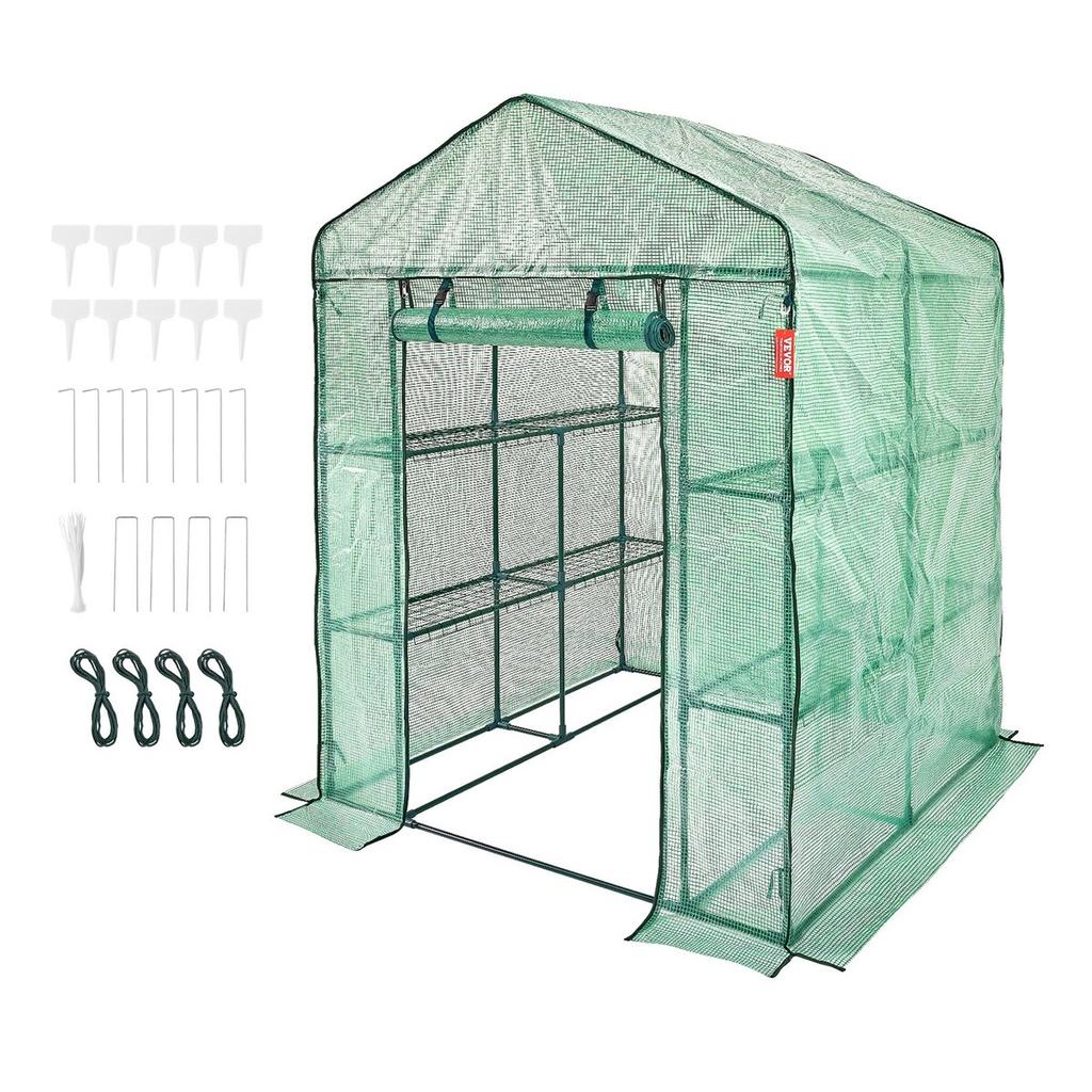 Walk-in Green House, 4.6 X 4.6 X 6.6 Ft Greenhouse with Shelves, Set Up In Minutes, High Strength PE Cover with Doors & Windows and Steel Frame,