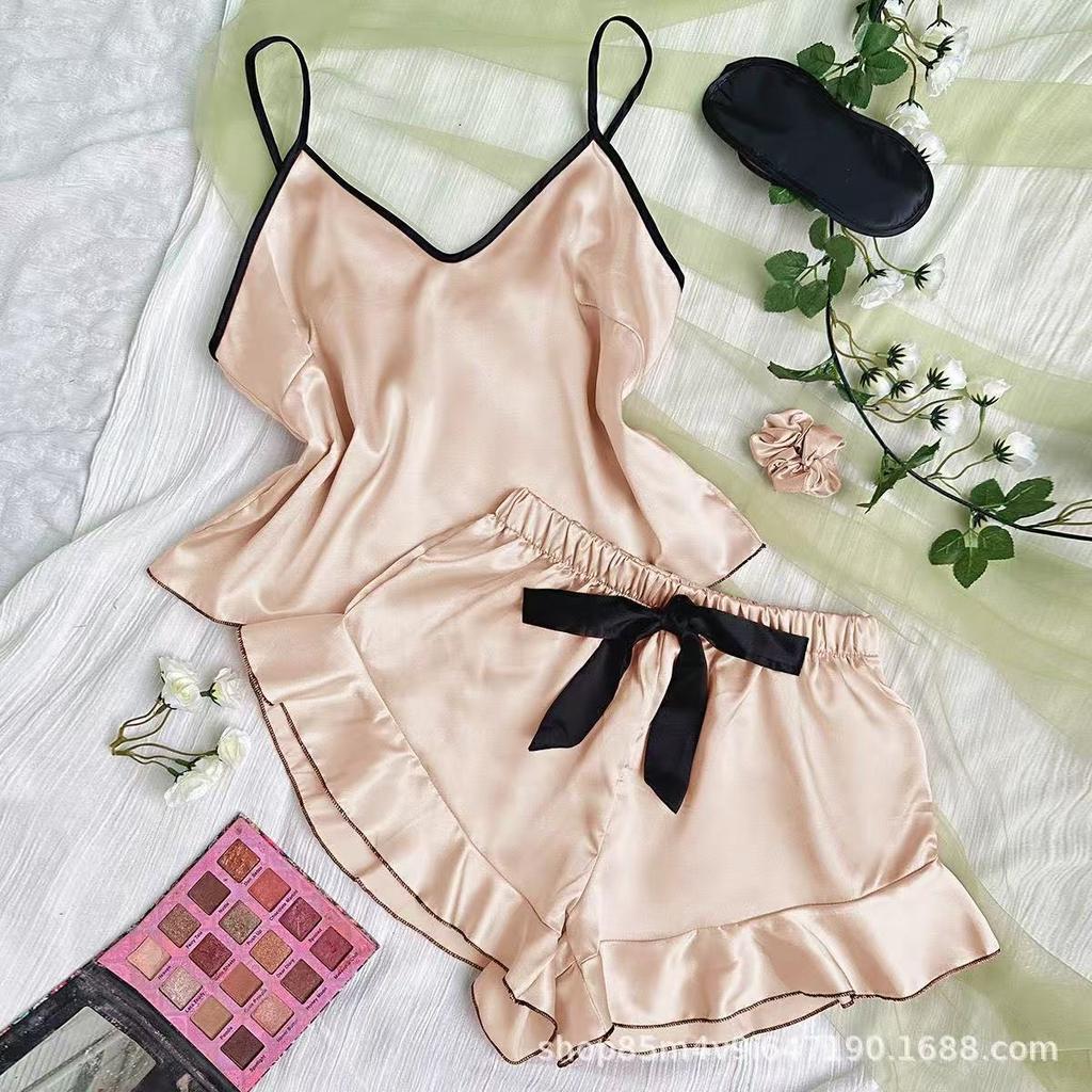 Women's Summer Silk Satin Pajama Set Sexy Camisole Shorts Loungewear Lightweight Breathable Sleepwear